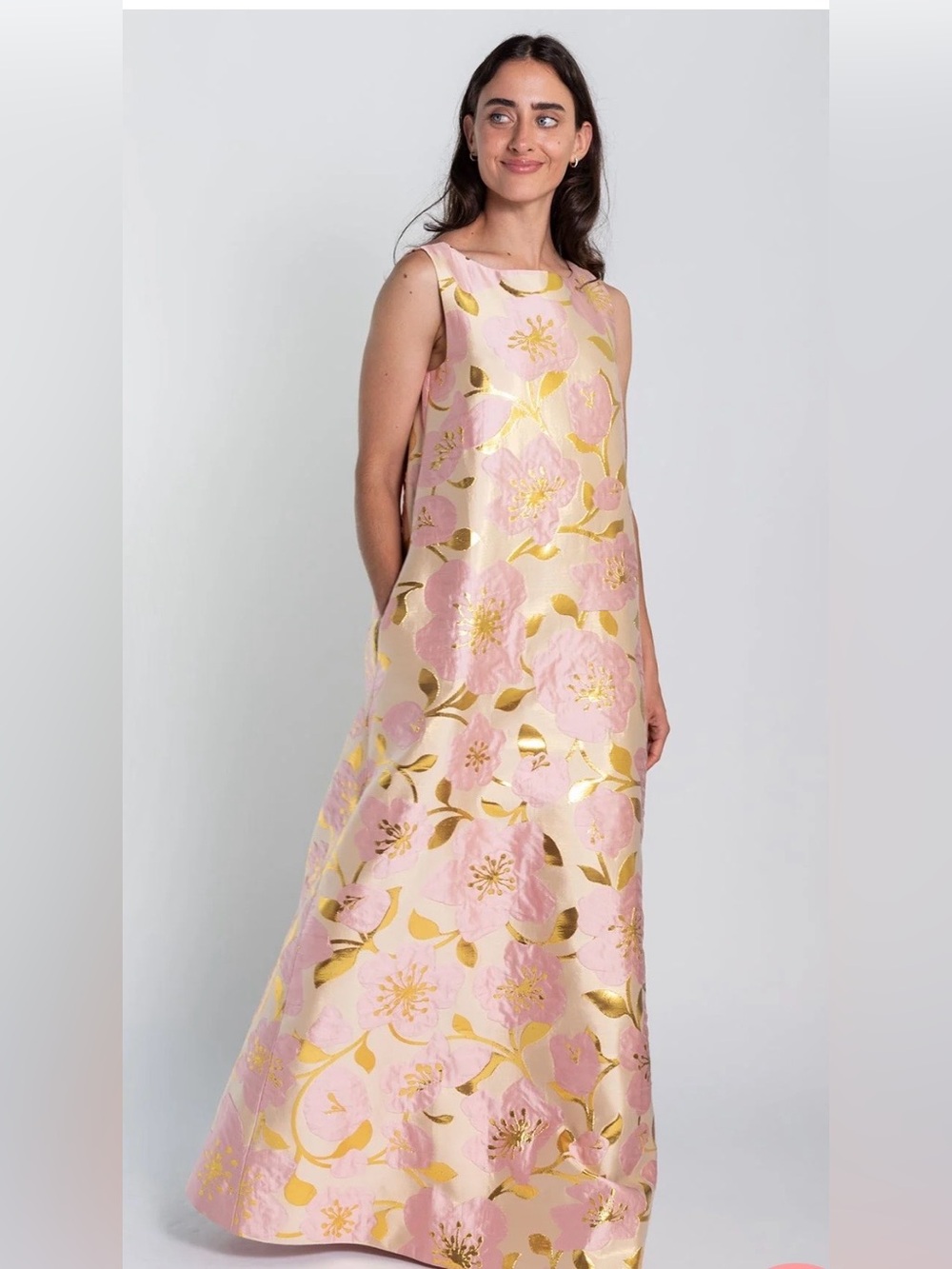 Lesley Evers Natasha Sleeveless Pink Floral Jacquard Maxi Dress with Gold Accent
